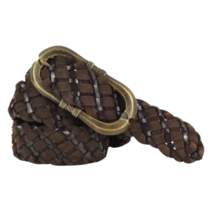 Cintura intrecciata in cuoio e camoscio color marrone con fibbia allungata color ottone