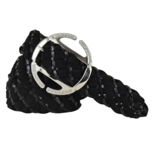 Cintura intrecciata con pelle e camoscio nero e fibbia gioiello impreziosita con strass bianchi