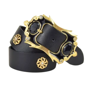 Cintura Fiamma in cuoio nero e borchie oro