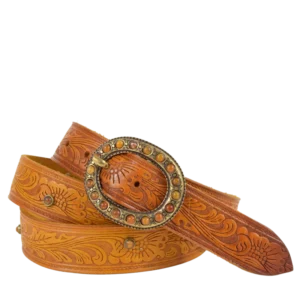 Cintura in cuoio stampato con motivi floreali in color giallo e fibbia ottone adornata con simil pietre ambra