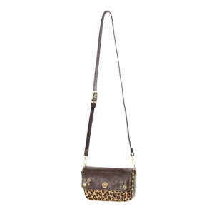 borsetta in pelle piccola a tracolla e dettagli in cavallino leopardato. borchiata con strass e borchie ambra