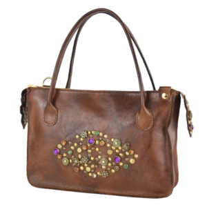 borsa in pelle borchiata a mano con strass colorati, da portare a mano o a tracolla