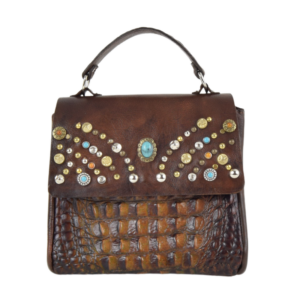Borsa in pelle tinta a mano e dettagli in pelle stampata cocco e borchiata con simil pietre colorate