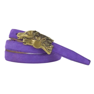 Cintura in camoscio color viola sottile con fibbia a forma di testa di cavallo color ottone